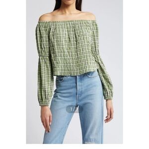 Topshop Red Gingham off the shoulder Cropped Top Ballon Sleeve Sz L
